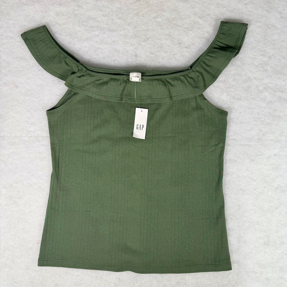 Gap NWT Green Ribbed Ruffle Square Neck Tank Large Cottagecore Boho Feminine